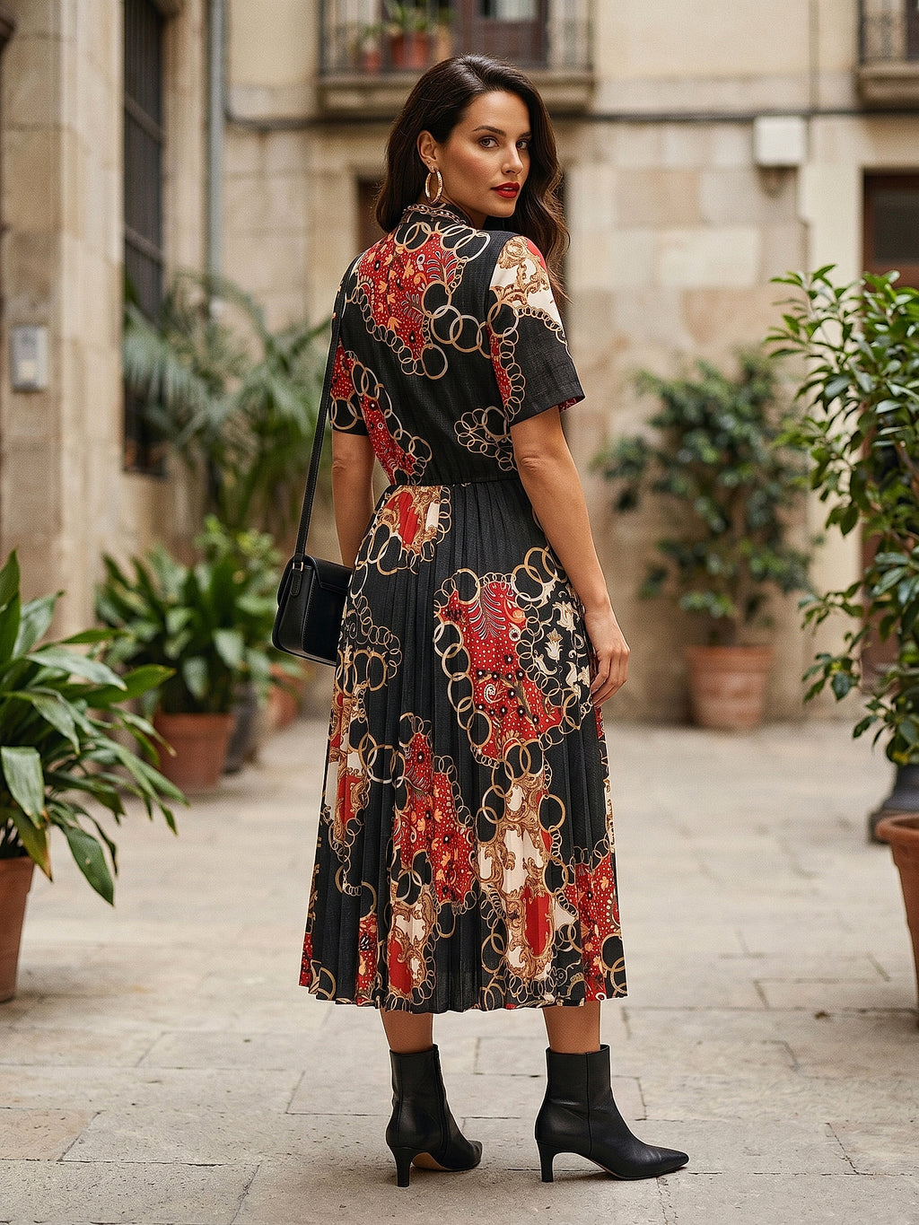 Siyah - Farren Gömlek Yaka Kuşaklı Desenli Midi Elbise - FRN3005 - Model on white - back/side