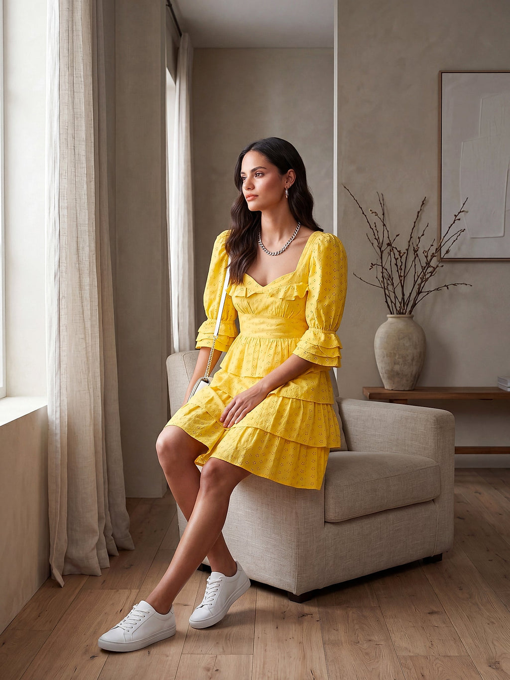 Sarı - Farren Kısa Kol Brode Volanlı Elbise - FRN30391 - Lookbook editorial interior