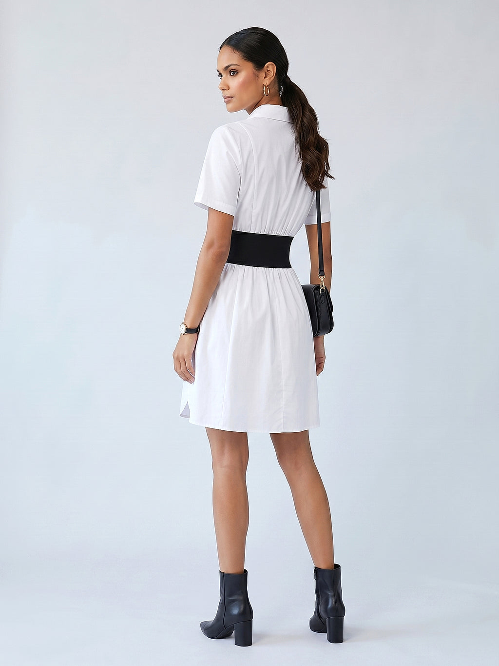 Beyaz - Farren Kısa Kol Pamuklu Düz Kesim Poplin Elbise - FRN303811 - Model on white - back/side