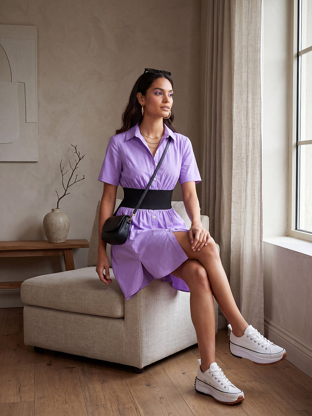 Mor - Farren Kısa Kol Pamuklu Düz Kesim Poplin Elbise - FRN303811 - Lookbook editorial interior