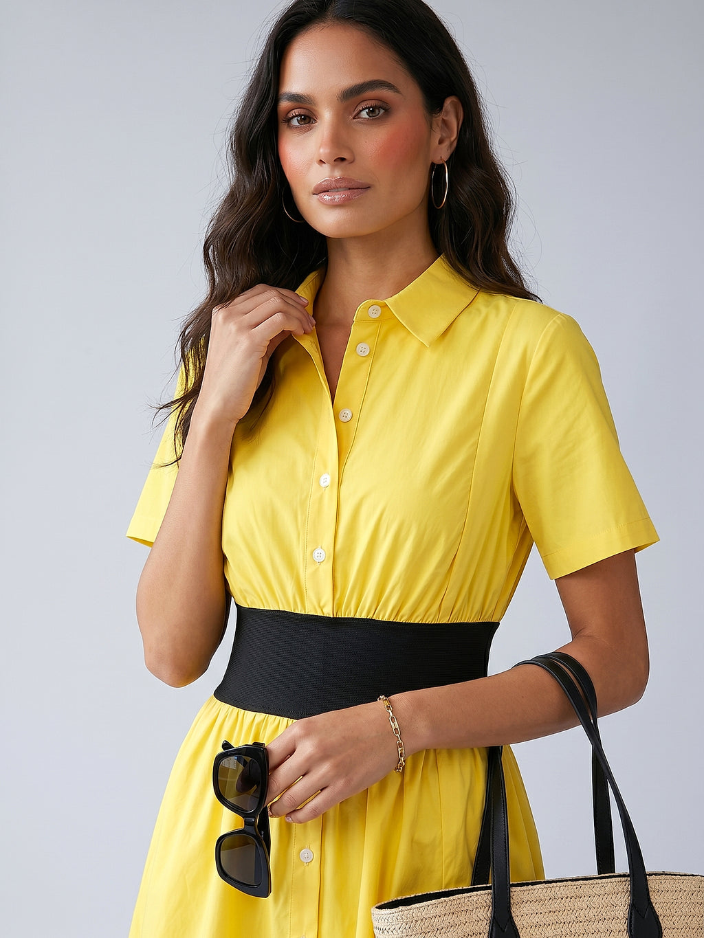 Sarı - Farren Kısa Kol Pamuklu Düz Kesim Poplin Elbise - FRN303811 - Editorial waist-up detail