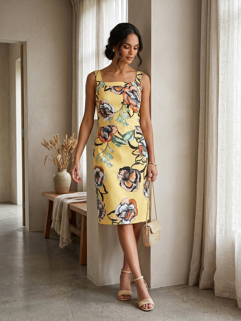 Sarı - Farren Kolsuz Çiçek Desenli Kuşaklı Elbise - FRN30390 - Lookbook editorial interior