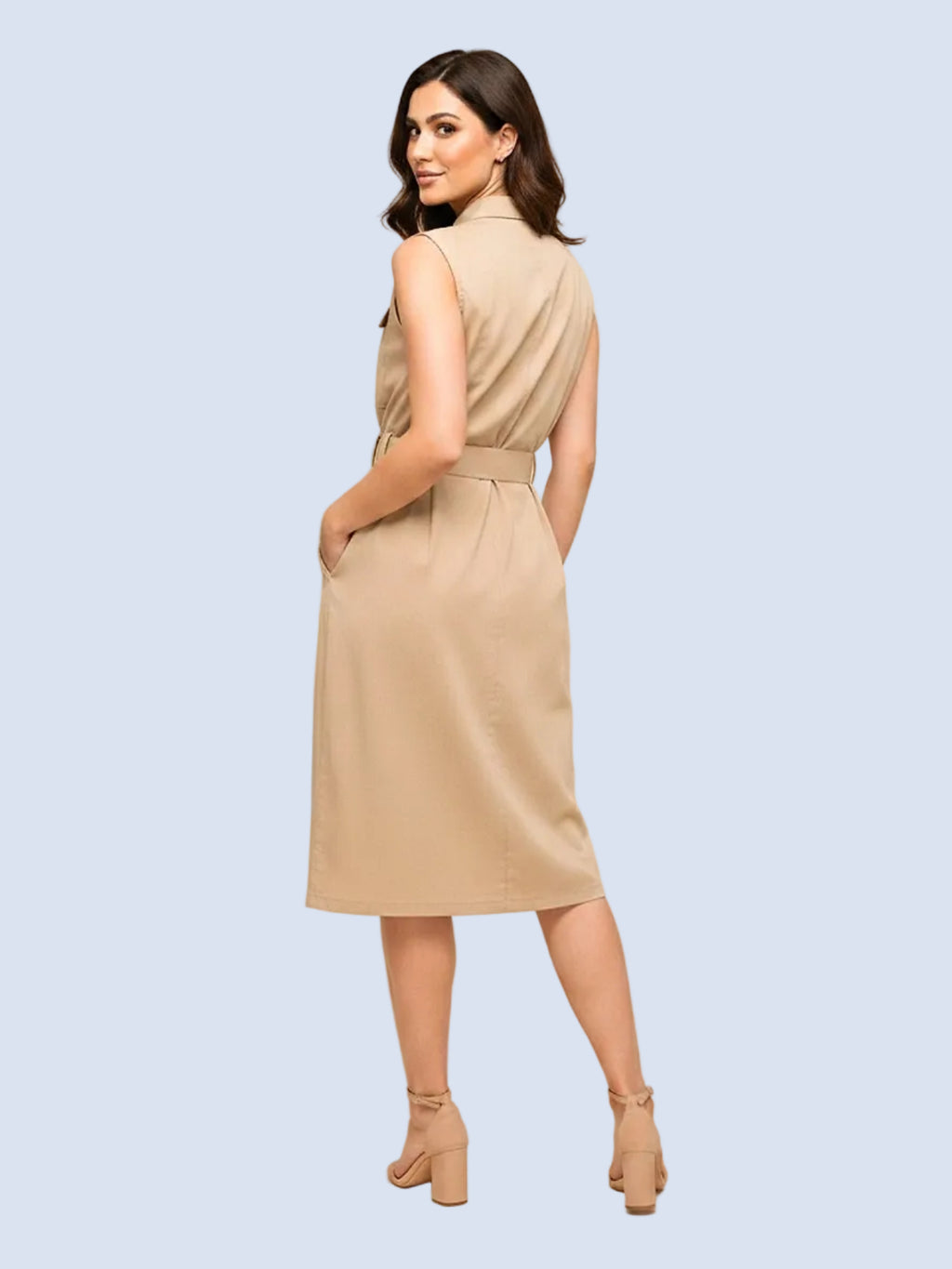 Bej - Farren Kolsuz Kemerli Pamuklu Poplin Midi Elbise - FRN30397 - Model on white - back/side
