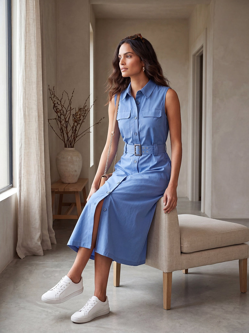 Mavi - Farren Kolsuz Kemerli Pamuklu Poplin Midi Elbise - FRN30397 - Lookbook editorial interior