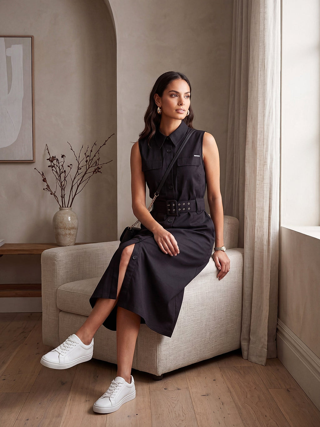 Siyah - Farren Kolsuz Kemerli Pamuklu Poplin Midi Elbise - FRN30397 - Lookbook editorial interior