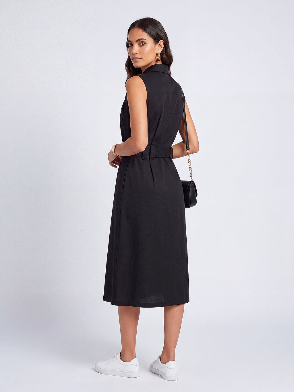 Siyah - Farren Kolsuz Kemerli Pamuklu Poplin Midi Elbise - FRN30397 - Model on white - back/side