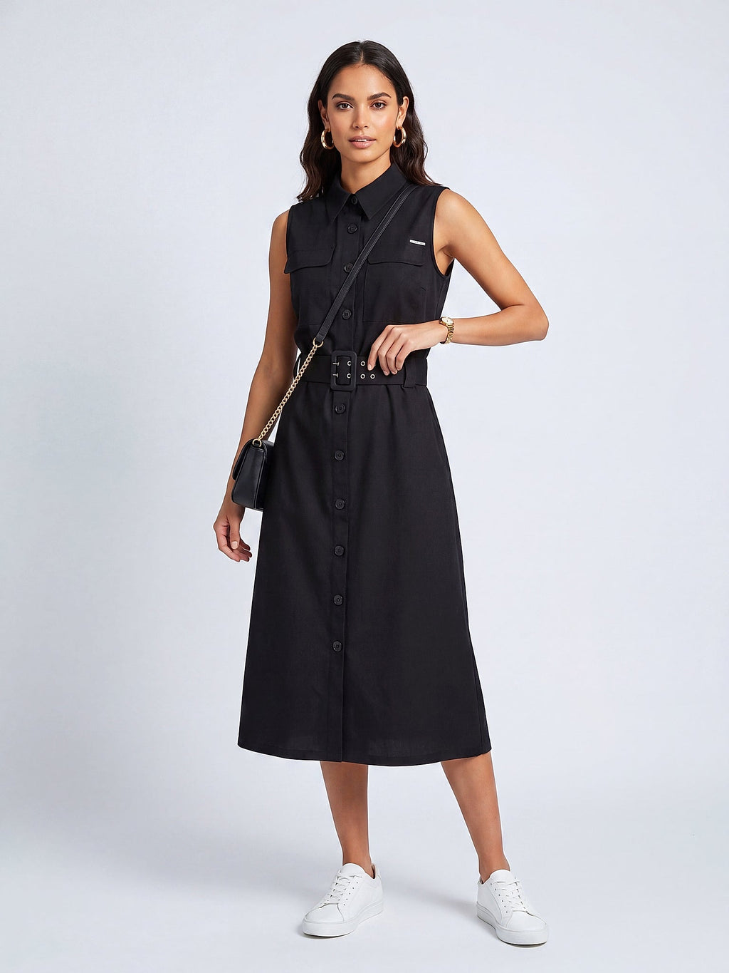 Siyah - Farren Kolsuz Kemerli Pamuklu Poplin Midi Elbise - FRN30397 - Model on white - front