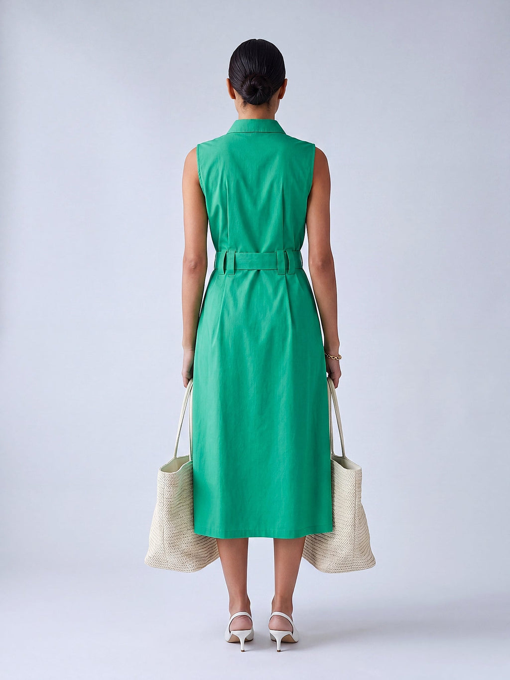 Yeşil - Farren Kolsuz Kemerli Pamuklu Poplin Midi Elbise - FRN30397 - Model on white - back/side