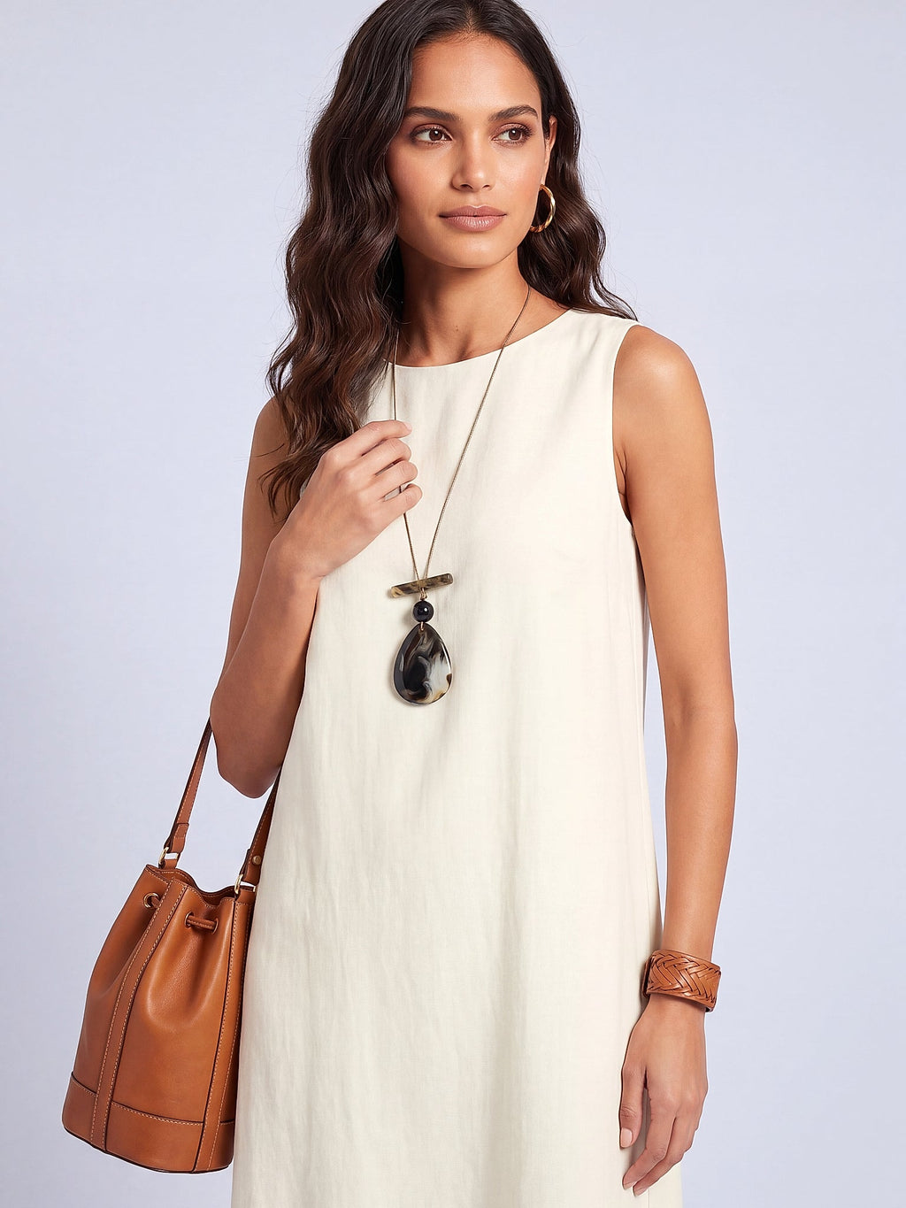 Krem - Farren Kolsuz Keten Midi Elbise - FRN30392 - Editorial waist-up detail