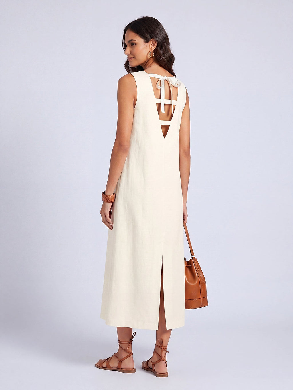 Krem - Farren Kolsuz Keten Midi Elbise - FRN30392 - Model on white - back/side