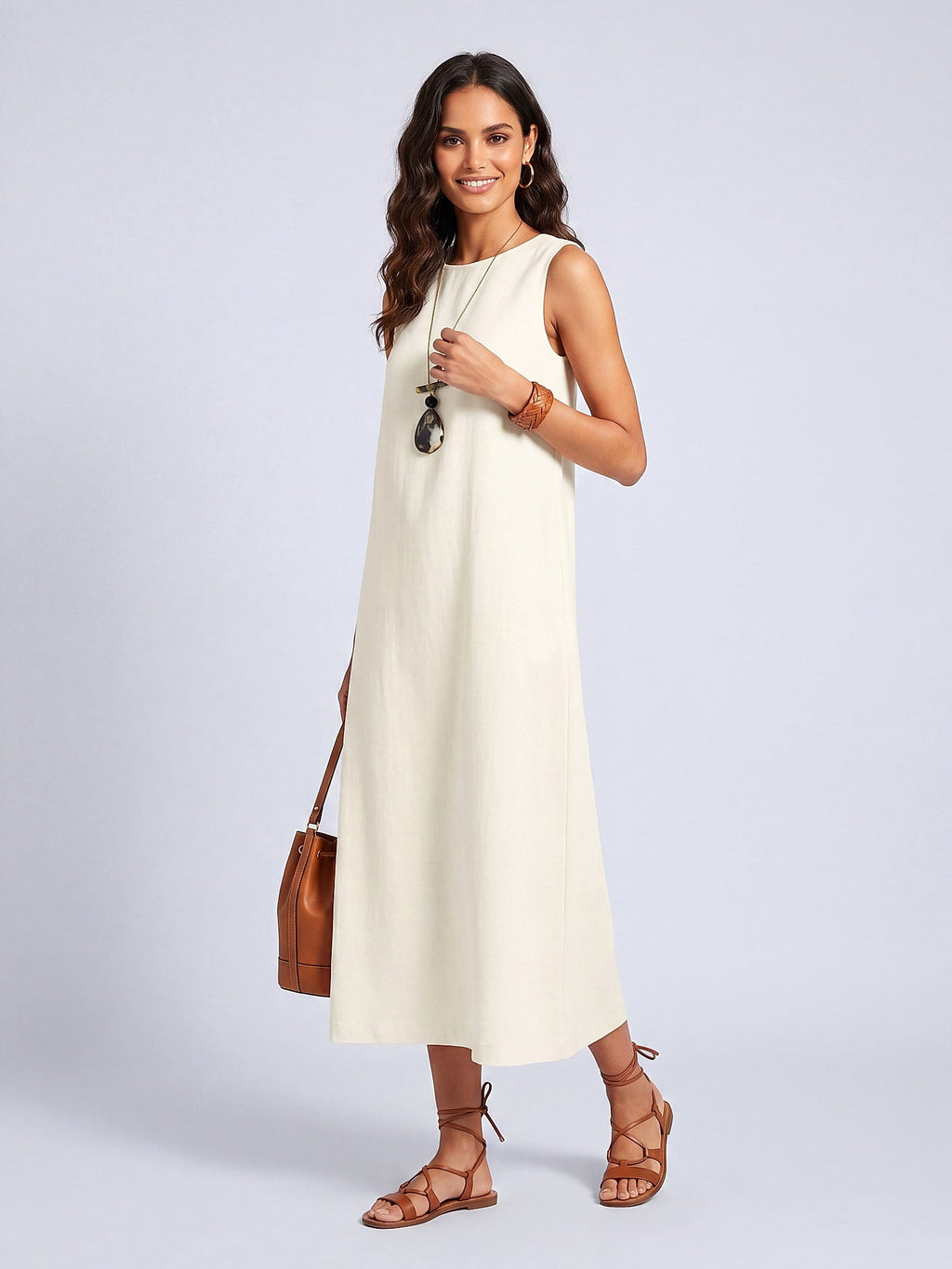 Krem - Farren Kolsuz Keten Midi Elbise - FRN30392 - Model on white - front