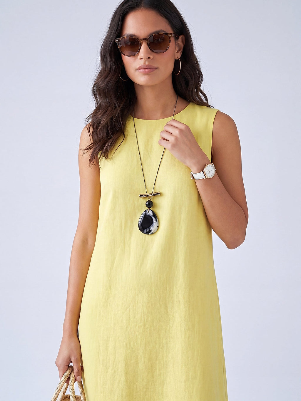 Sarı - Farren Kolsuz Keten Midi Elbise - FRN30392 - Editorial waist-up detail