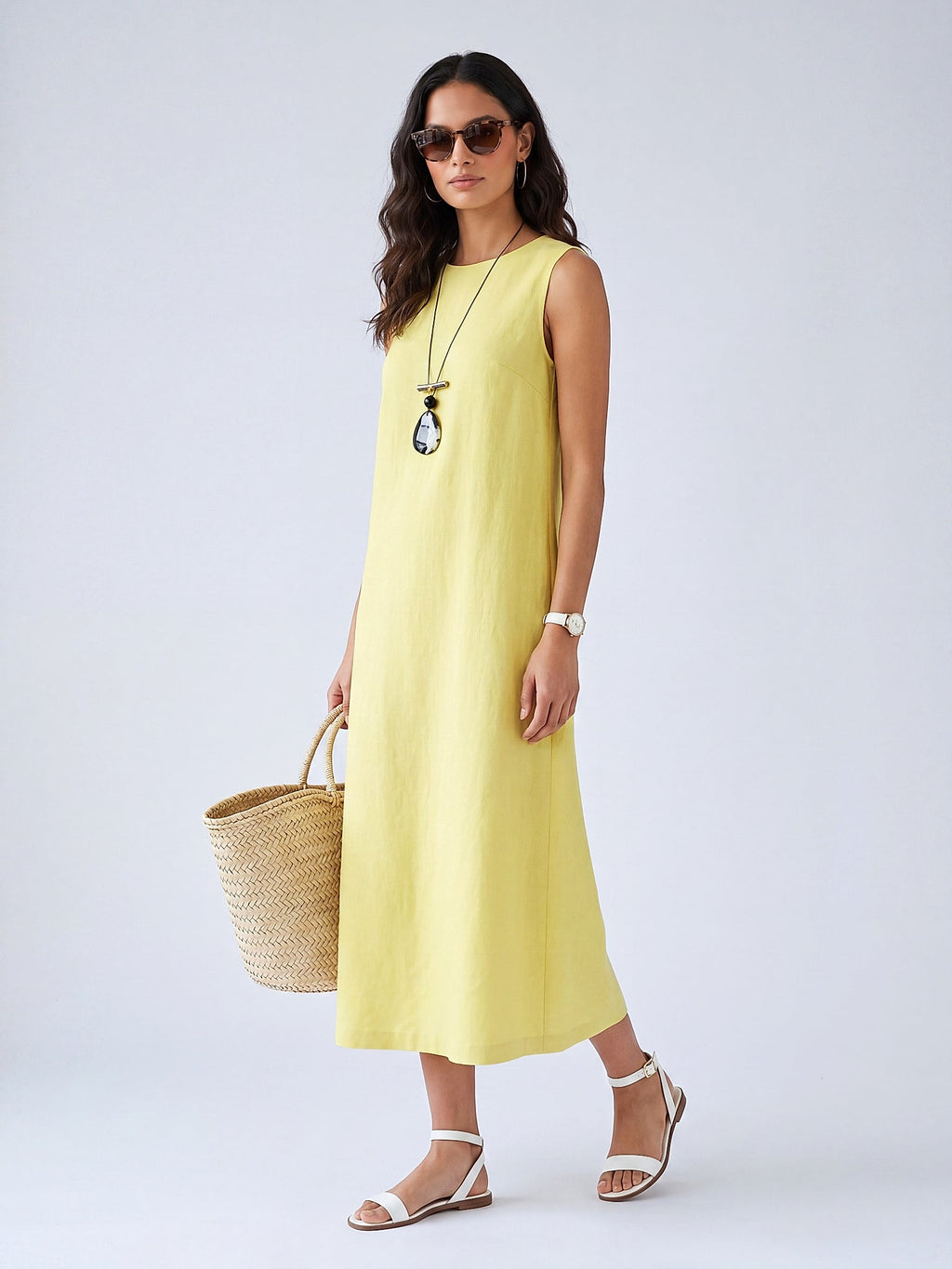 Sarı - Farren Kolsuz Keten Midi Elbise - FRN30392 - Model on white - front