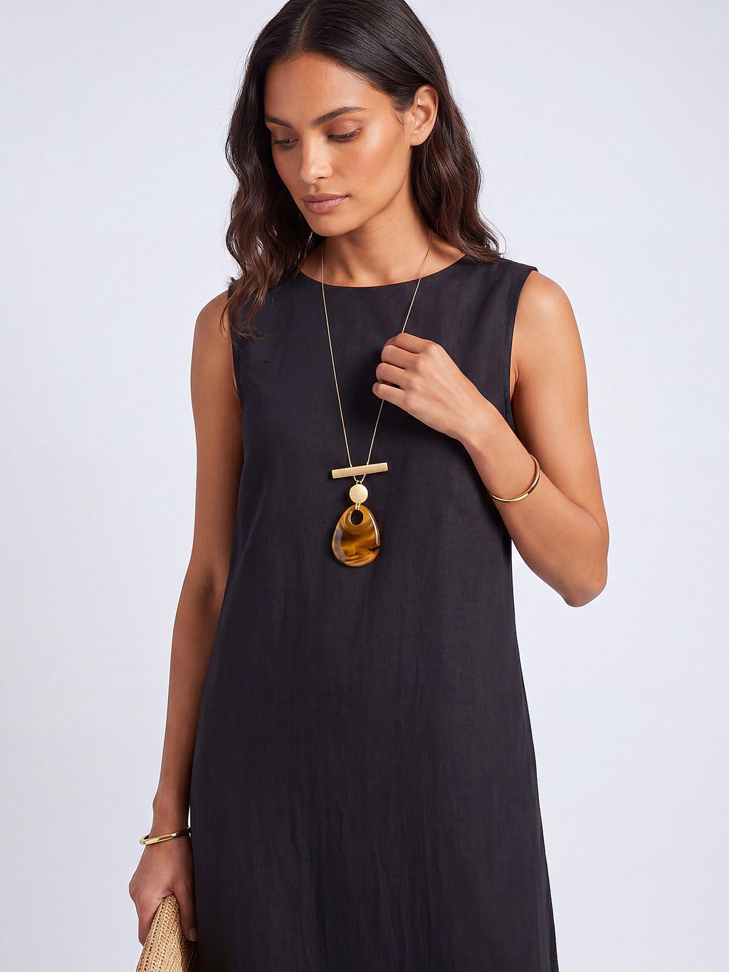 Siyah - Farren Kolsuz Keten Midi Elbise - FRN30392 - Editorial waist-up detail