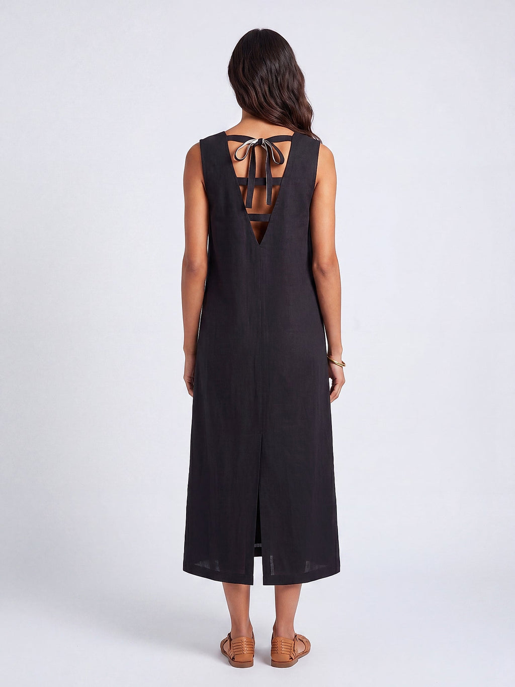 Siyah - Farren Kolsuz Keten Midi Elbise - FRN30392 - Model on white - back/side