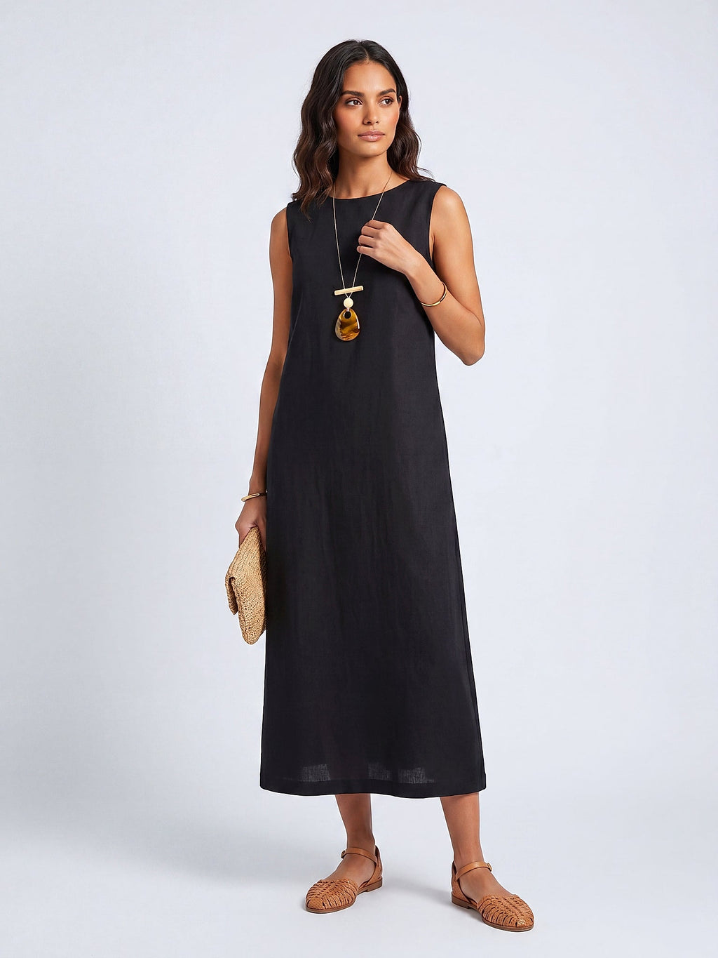 Siyah - Farren Kolsuz Keten Midi Elbise - FRN30392 - Model on white - front