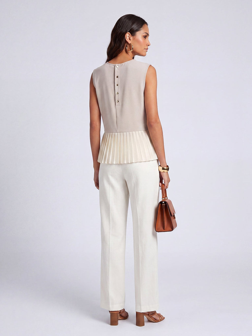 Bej - Farren Kolsuz Peplum Bluz - FRN110225 - Model on white - back/side