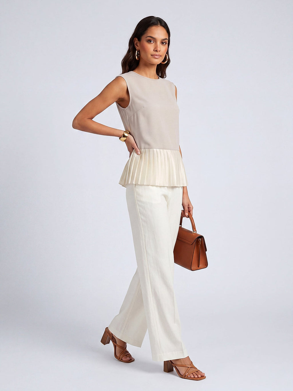 Bej - Farren Kolsuz Peplum Bluz - FRN110225 - Model on white - front