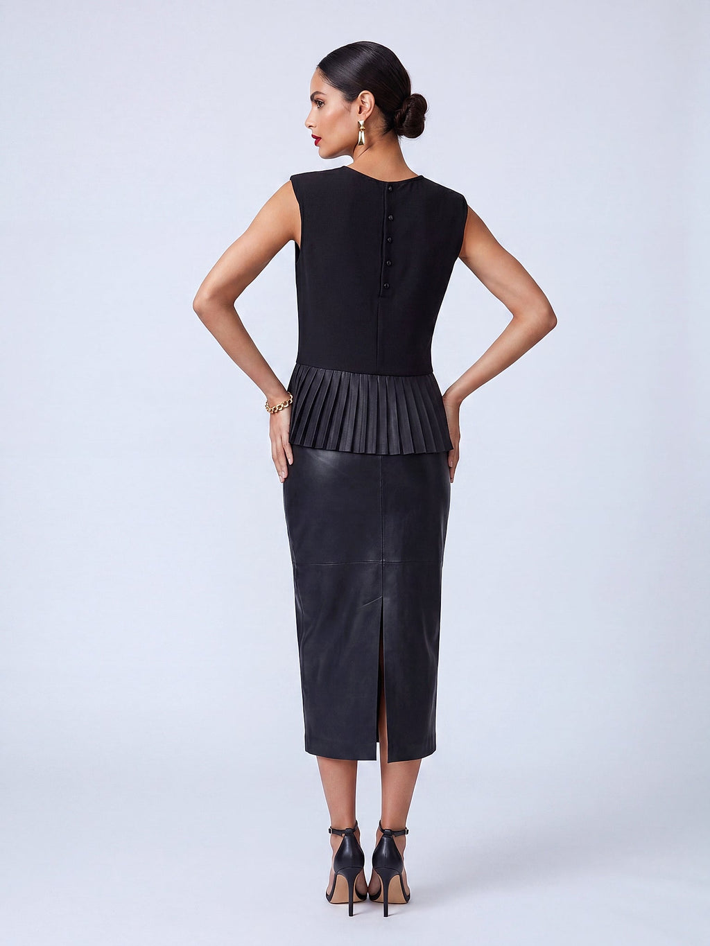 Siyah - Farren Kolsuz Peplum Bluz - FRN110225 - Model on white - back/side