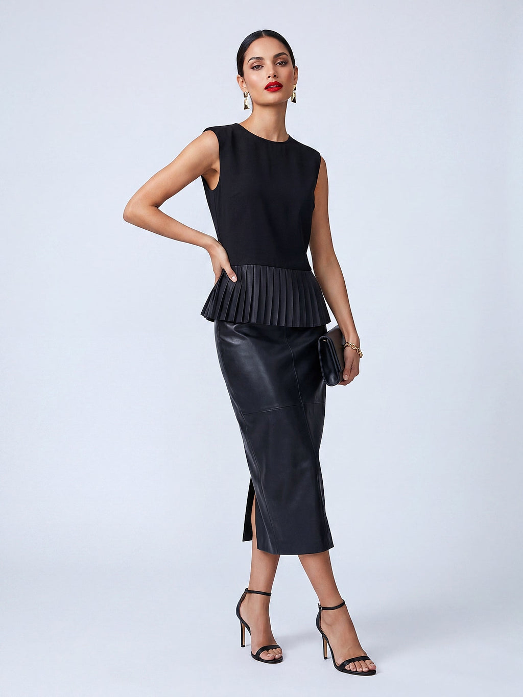 Siyah - Farren Kolsuz Peplum Bluz - FRN110225 - Model on white - front