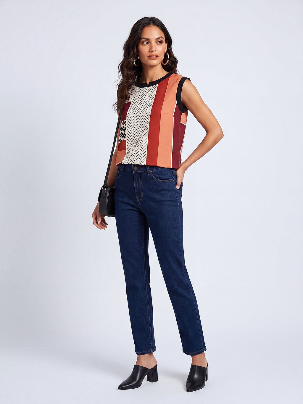 Bordo - Farren Kolsuz Renk Bloklu Geometrik Desenli Bluz - FRN110825 - Model on white - front