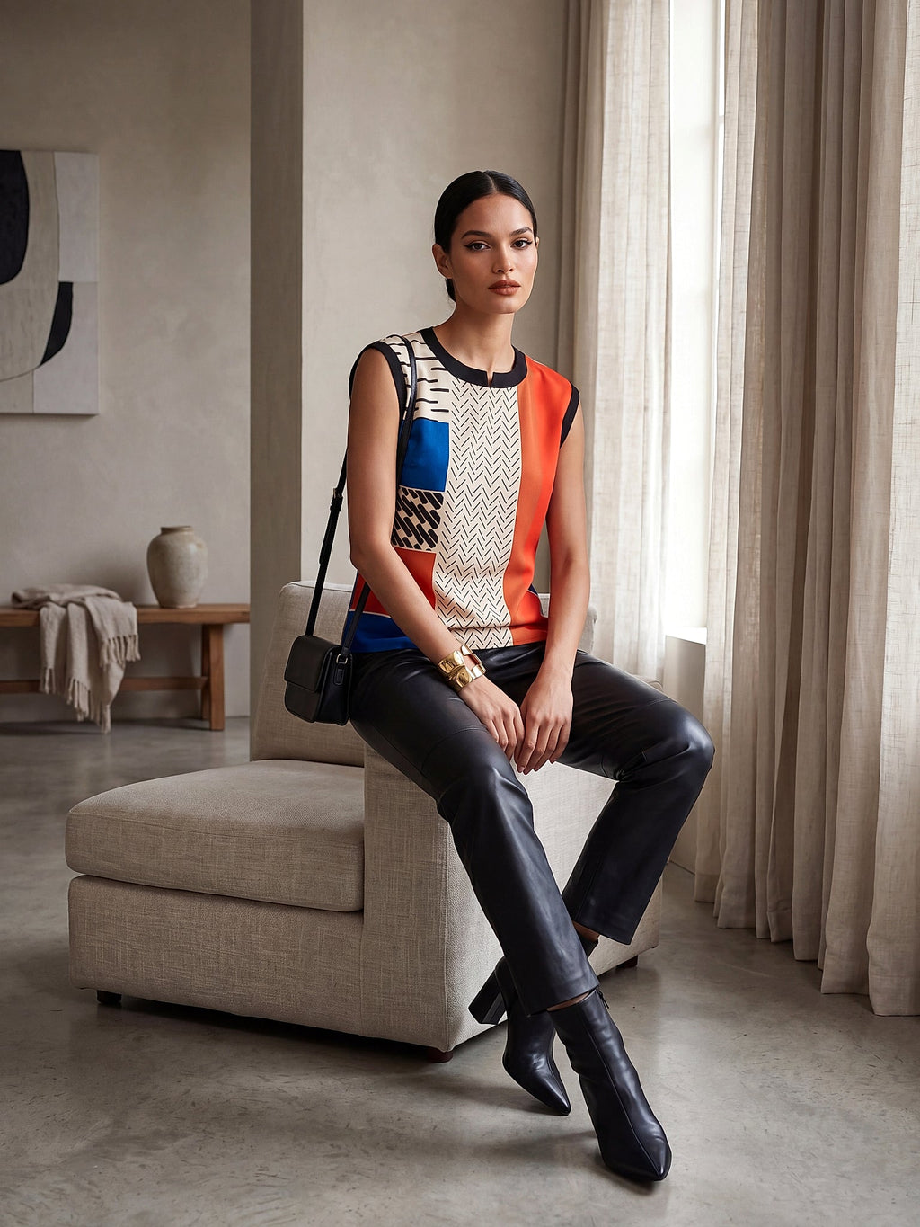 Saks Mavisi - Farren Kolsuz Renk Bloklu Geometrik Desenli Bluz - FRN110825 - Lookbook editorial interior