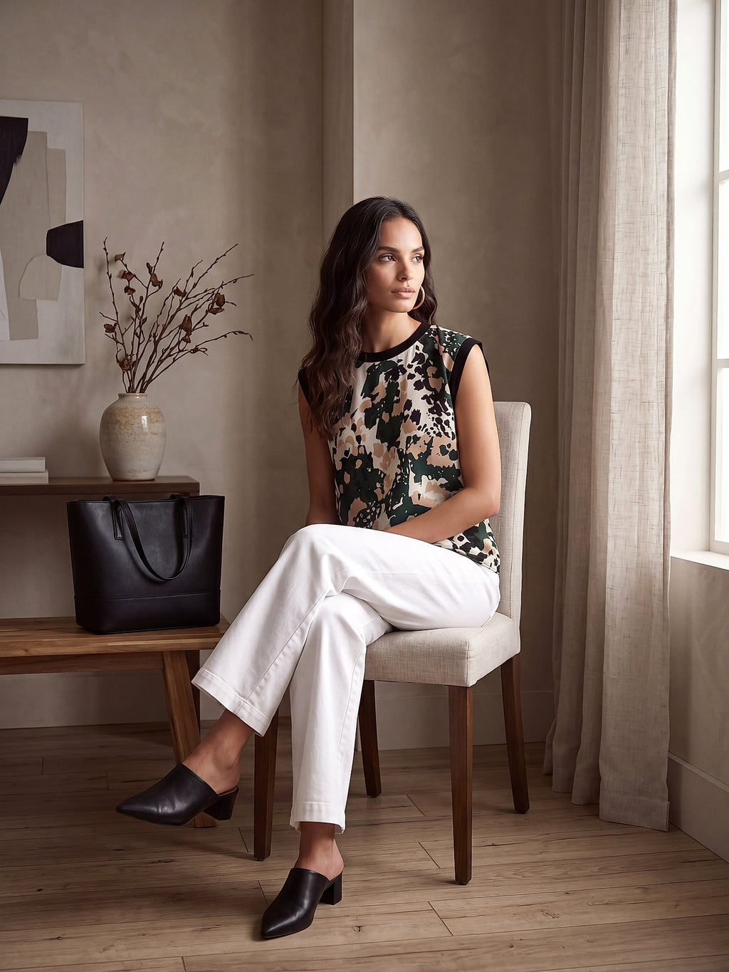 Yeşil - Farren Kolsuz Yuvarlak Yaka Desenli Bluz - FRN110925 - Lookbook editorial interior