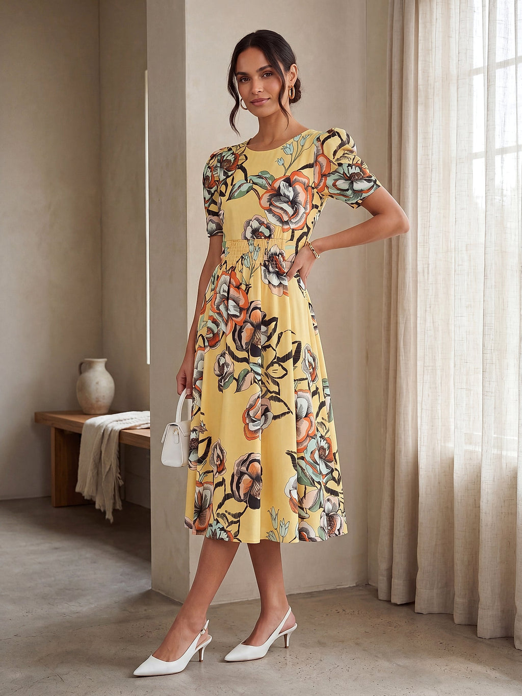 Sarı - Farren Lastikli Bel Çiçek Desenli Katlı Elbise - FRN3025 - Lookbook editorial interior