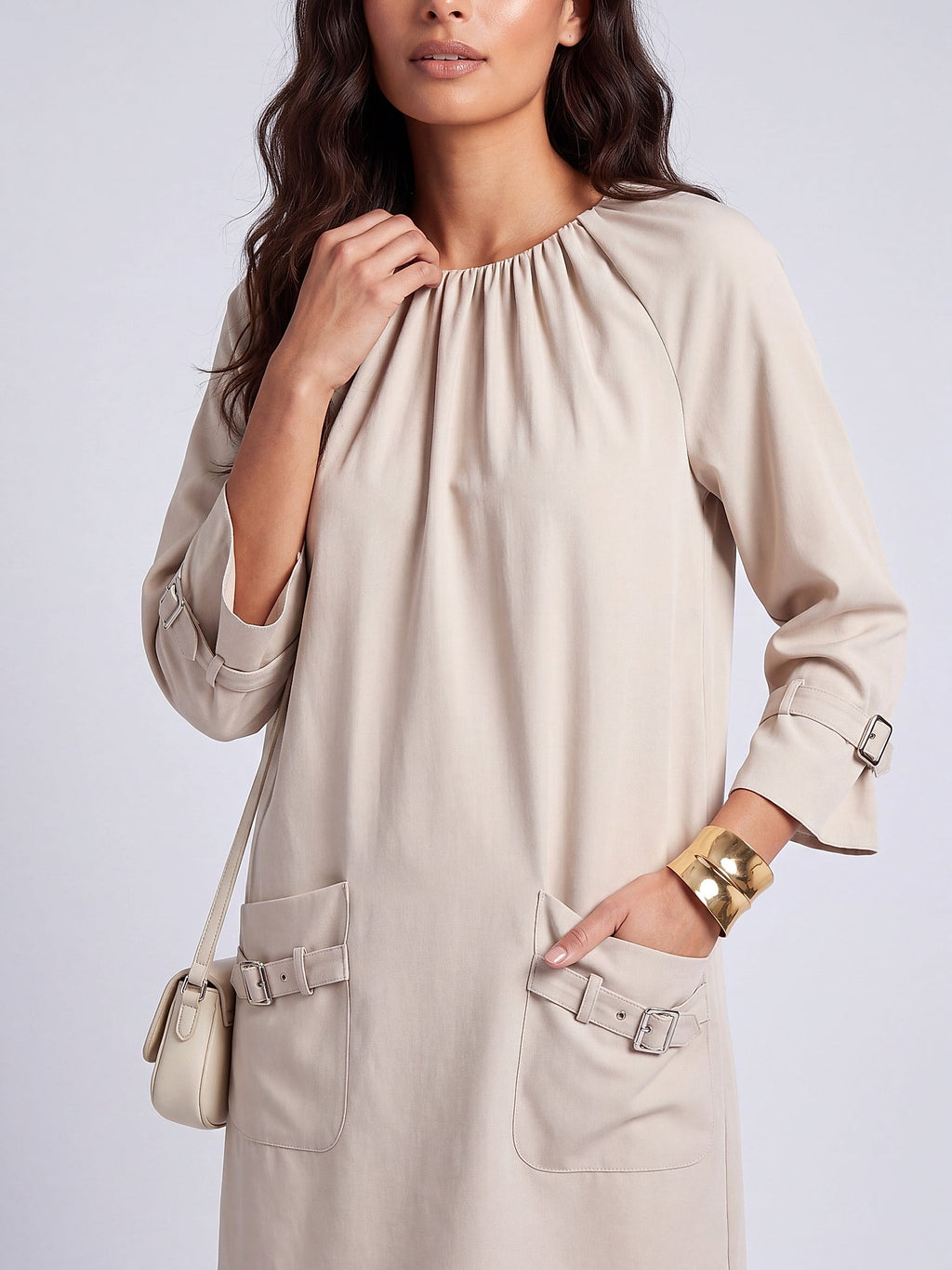 Krem - Farren Metal Tokalı Cepli Elbise - FRN3003 - Editorial waist-up detail
