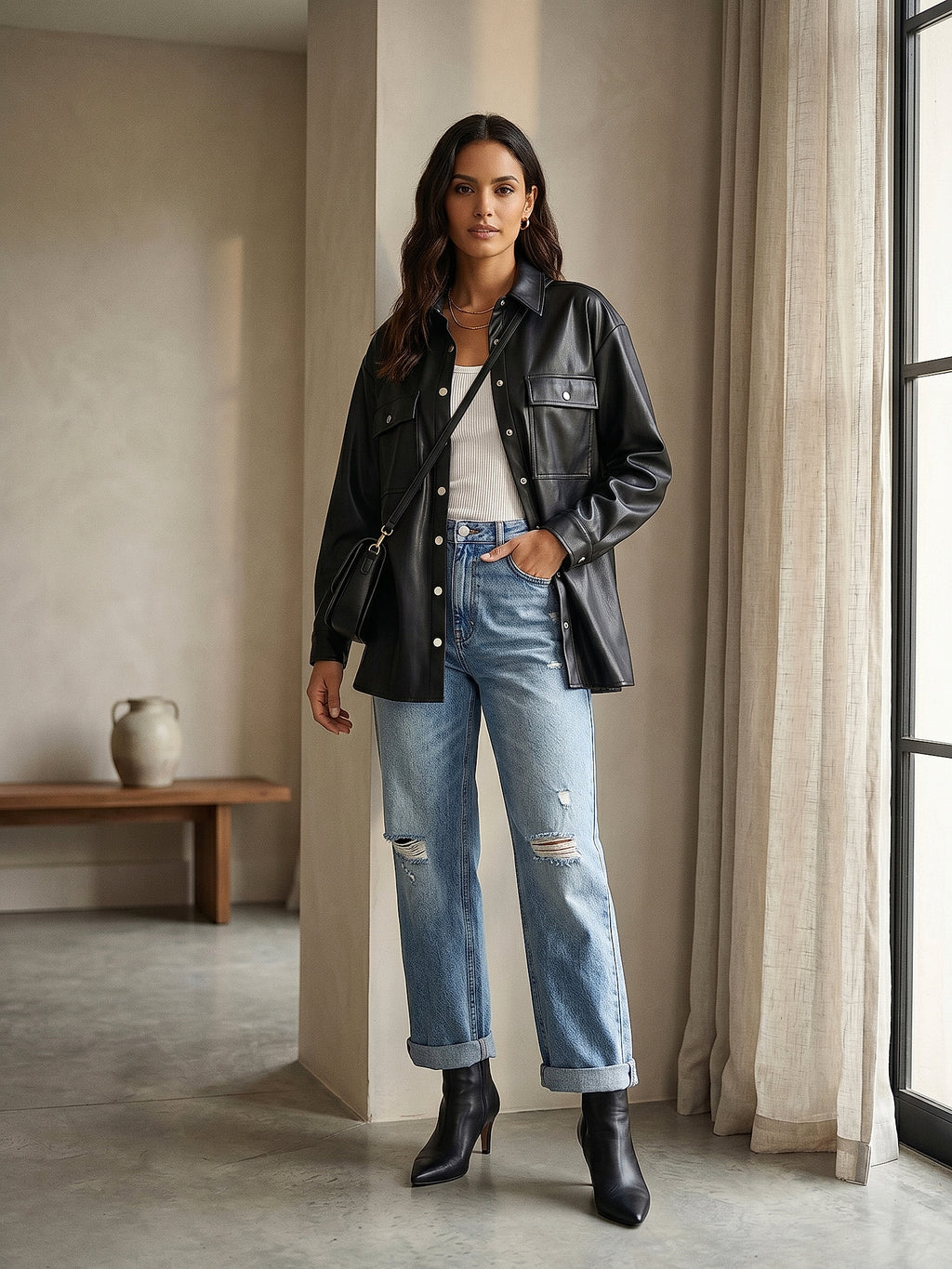 Siyah - Farren Oversize Şardonlu Suni Deri Gömlek Ceket - FRN610825 - Lookbook editorial interior