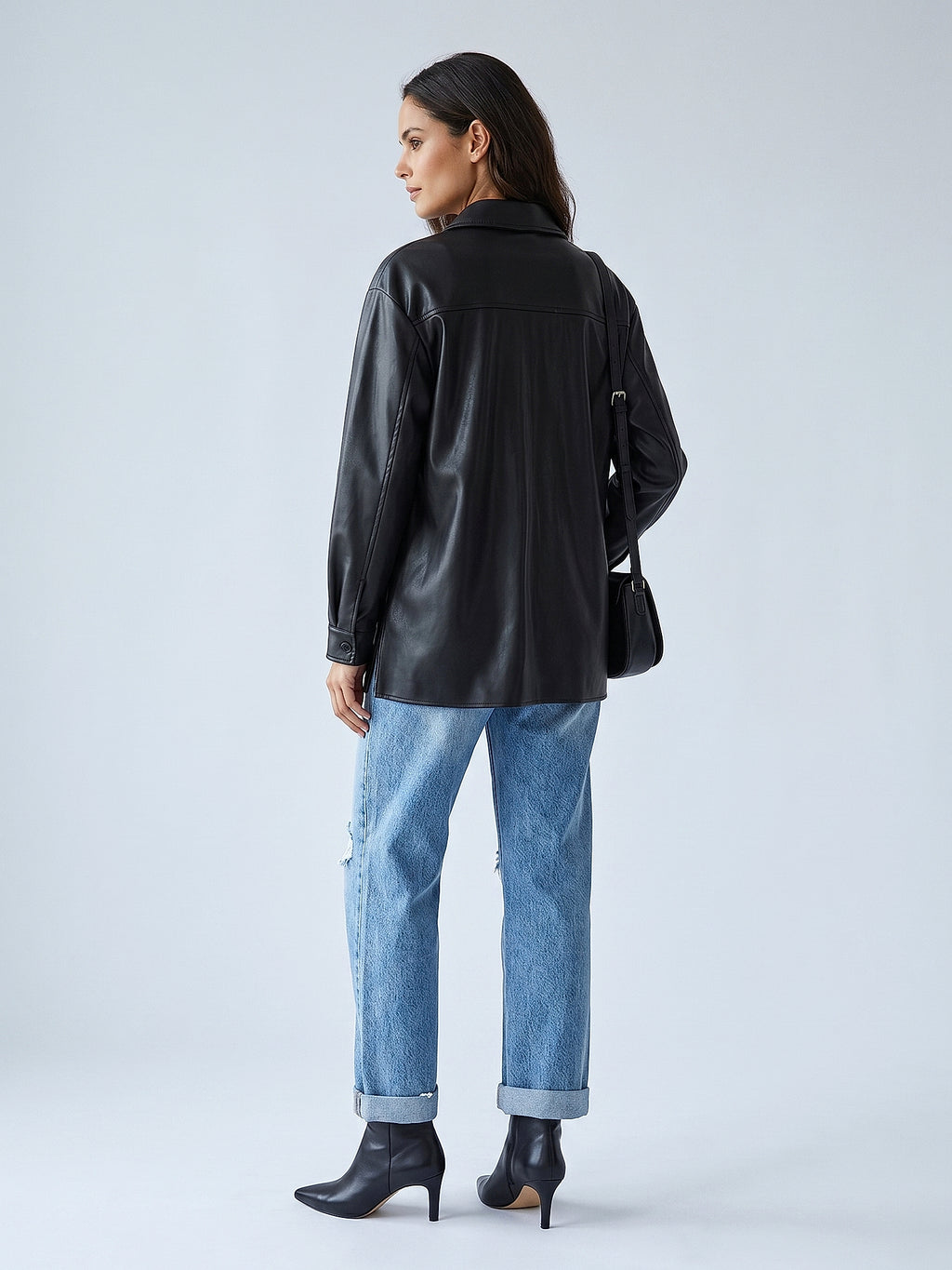 Siyah - Farren Oversize Şardonlu Suni Deri Gömlek Ceket - FRN610825 - Model on white - back/side