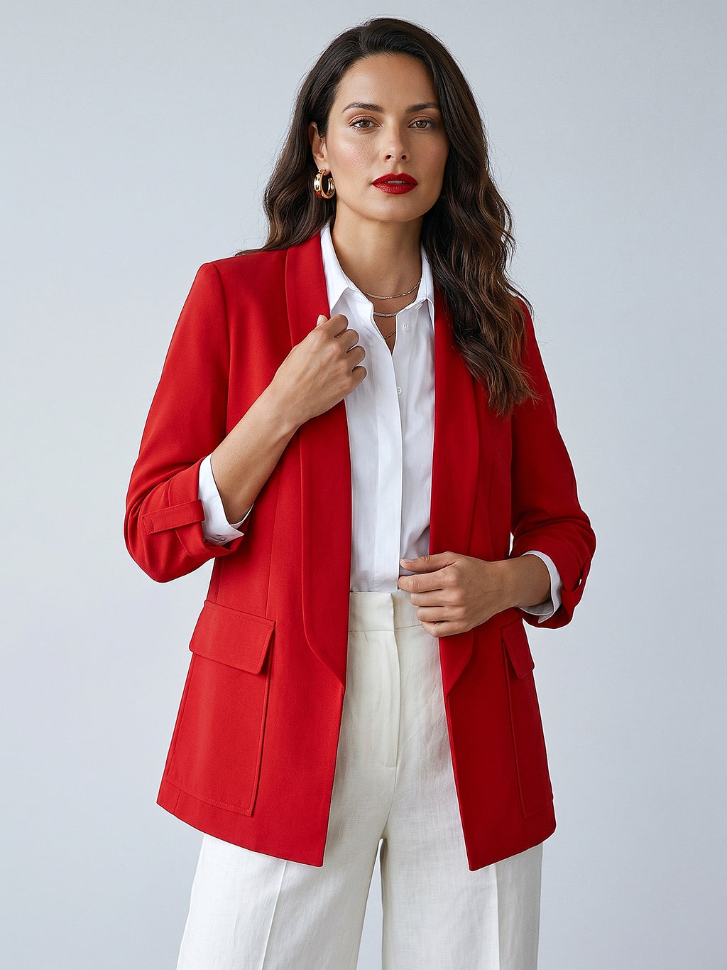 Kırmızı - Farren Şal Yaka Kuşaklı Blazer Ceket - FRN7070325 - Editorial waist-up detail