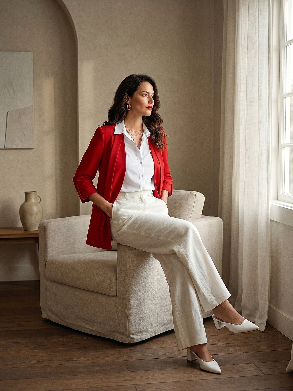 Kırmızı - Farren Şal Yaka Kuşaklı Blazer Ceket - FRN7070325 - Lookbook editorial interior