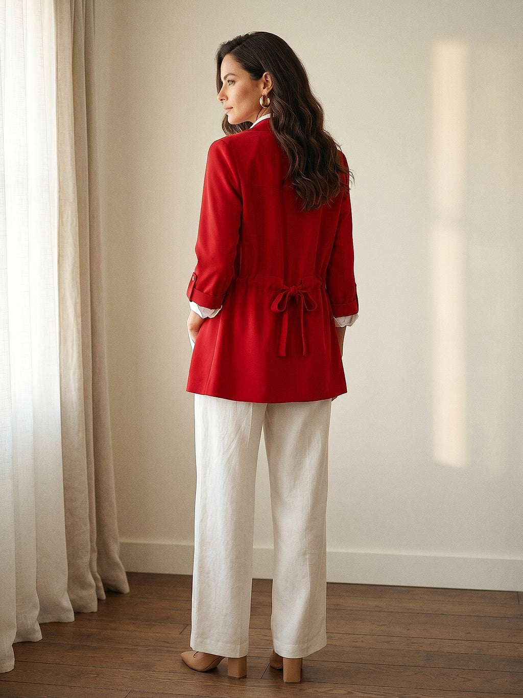 Kırmızı - Farren Şal Yaka Kuşaklı Blazer Ceket - FRN7070325 - Model on white - back/side