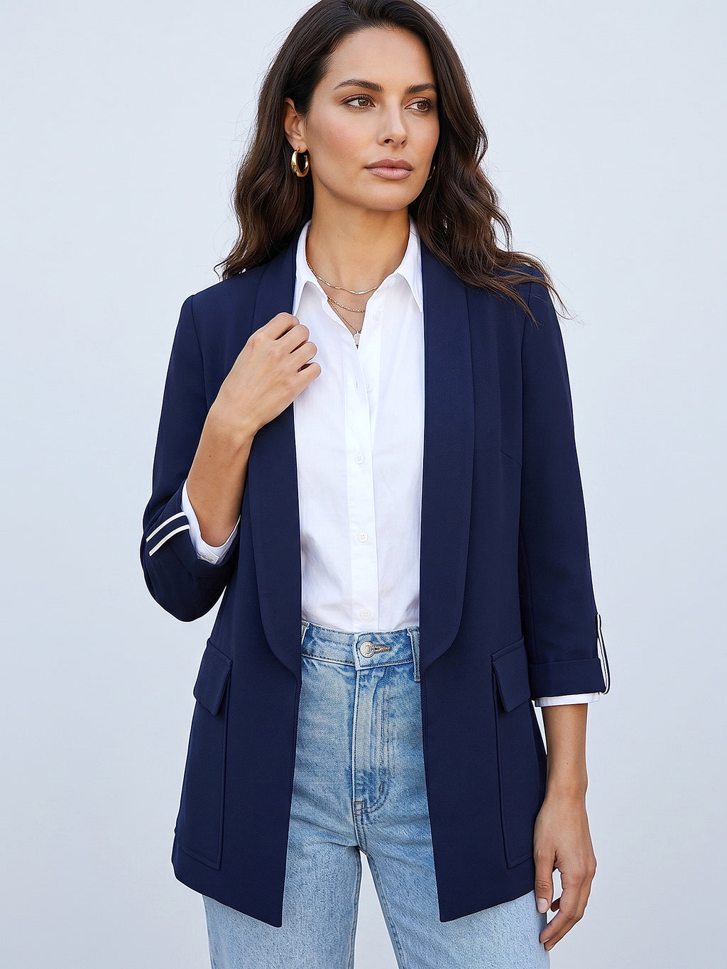 Lacivert - Farren Şal Yaka Kuşaklı Blazer Ceket - FRN7070325 - Editorial waist-up detail