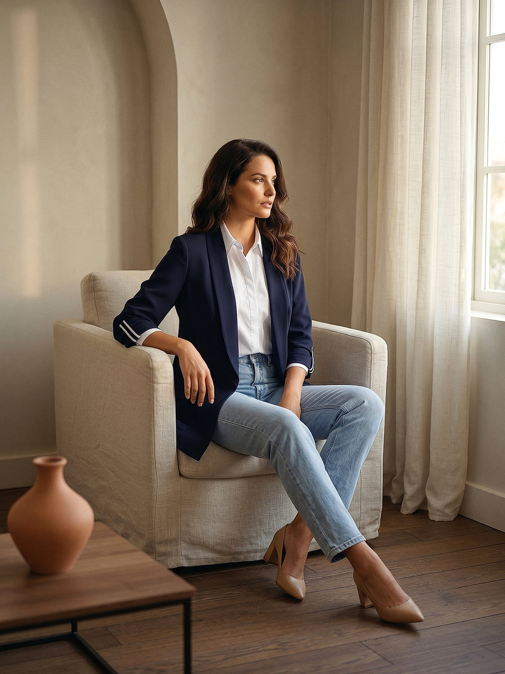 Lacivert - Farren Şal Yaka Kuşaklı Blazer Ceket - FRN7070325 - Lookbook editorial interior