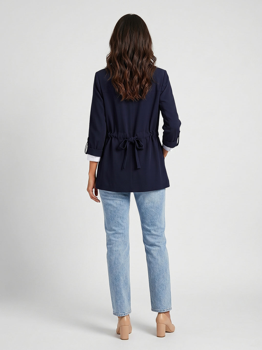 Lacivert - Farren Şal Yaka Kuşaklı Blazer Ceket - FRN7070325 - Model on white - back/side