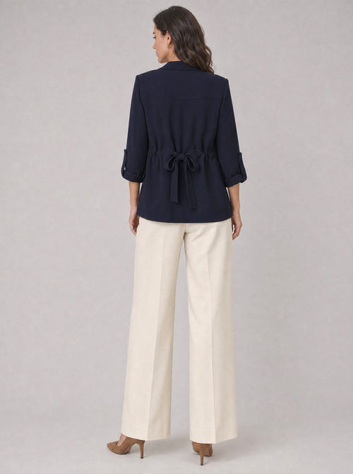 Lacivert - Farren Şal Yaka Kuşaklı Blazer Ceket - FRN7070325 - Model on white - back/side