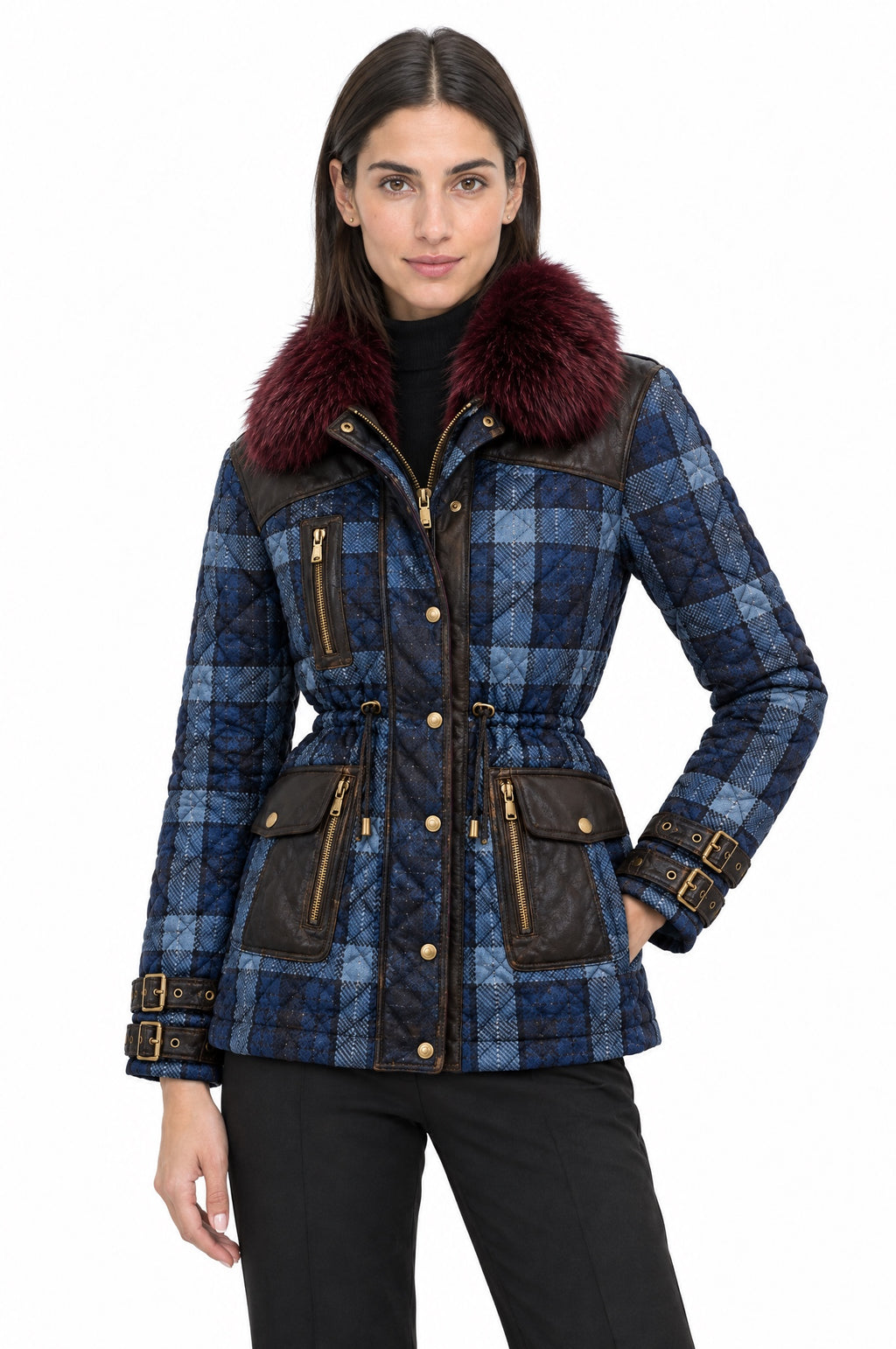 Mavi Ekose - Farren Kürk Yakalı Deri Detaylı Kapitone Ekose Mont - FRN9202 - Editorial waist-up detail