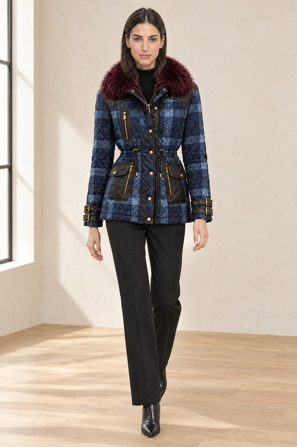 Mavi Ekose - Farren Kürk Yakalı Deri Detaylı Kapitone Ekose Mont - FRN9202 - Lookbook editorial interior