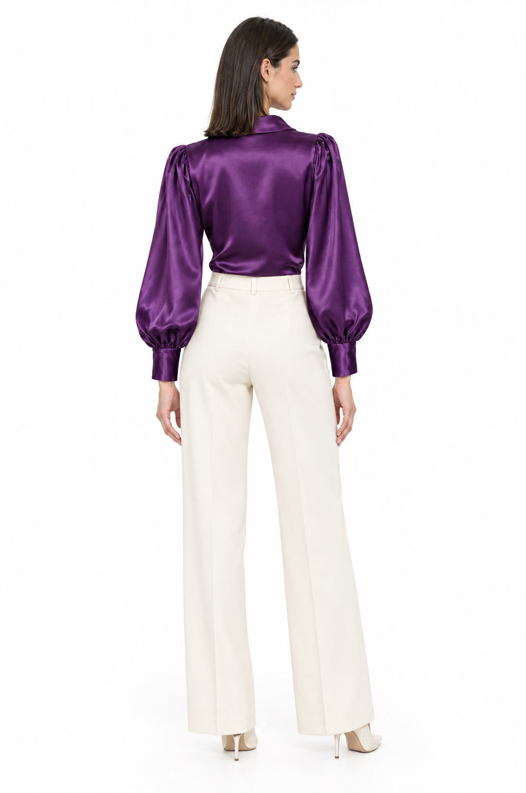 Mor - Farren Degaje Yaka Balon Kollu Saten Bluz - FRN9207 - Model on white - back/side