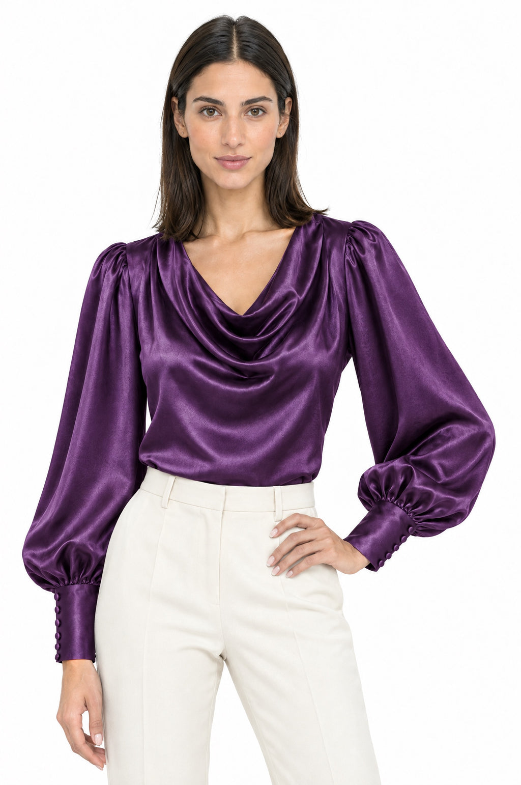Mor - Farren Degaje Yaka Balon Kollu Saten Bluz - FRN9207 - Editorial waist-up detail
