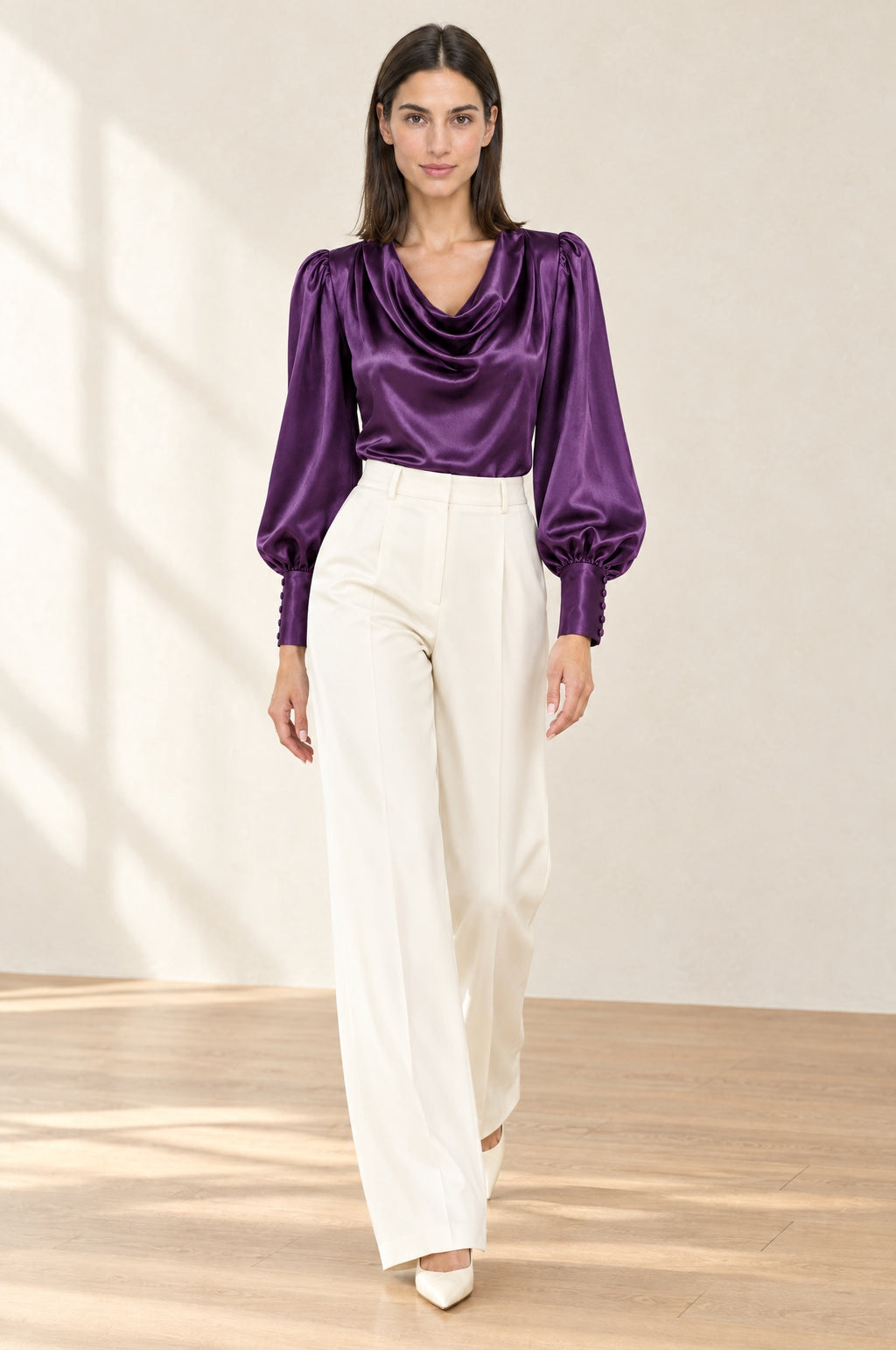 Mor - Farren Degaje Yaka Balon Kollu Saten Bluz - FRN9207 - Lookbook editorial interior