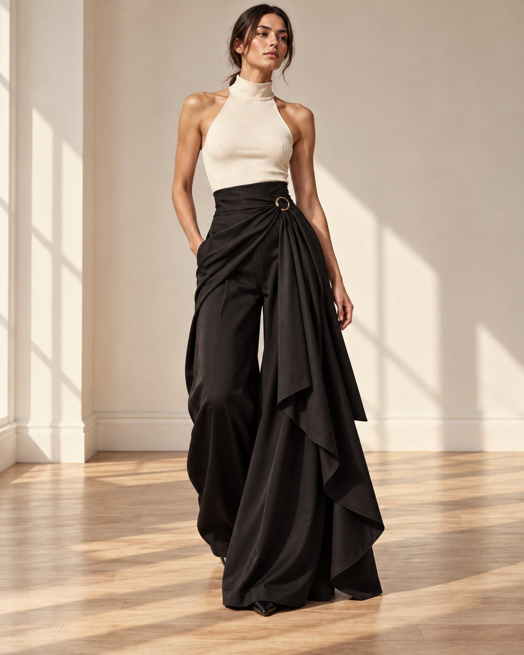 Siyah - Farren Halka Detaylı Sarma Bel Palazzo Pantolon - FRN9211 - Lookbook editorial interior