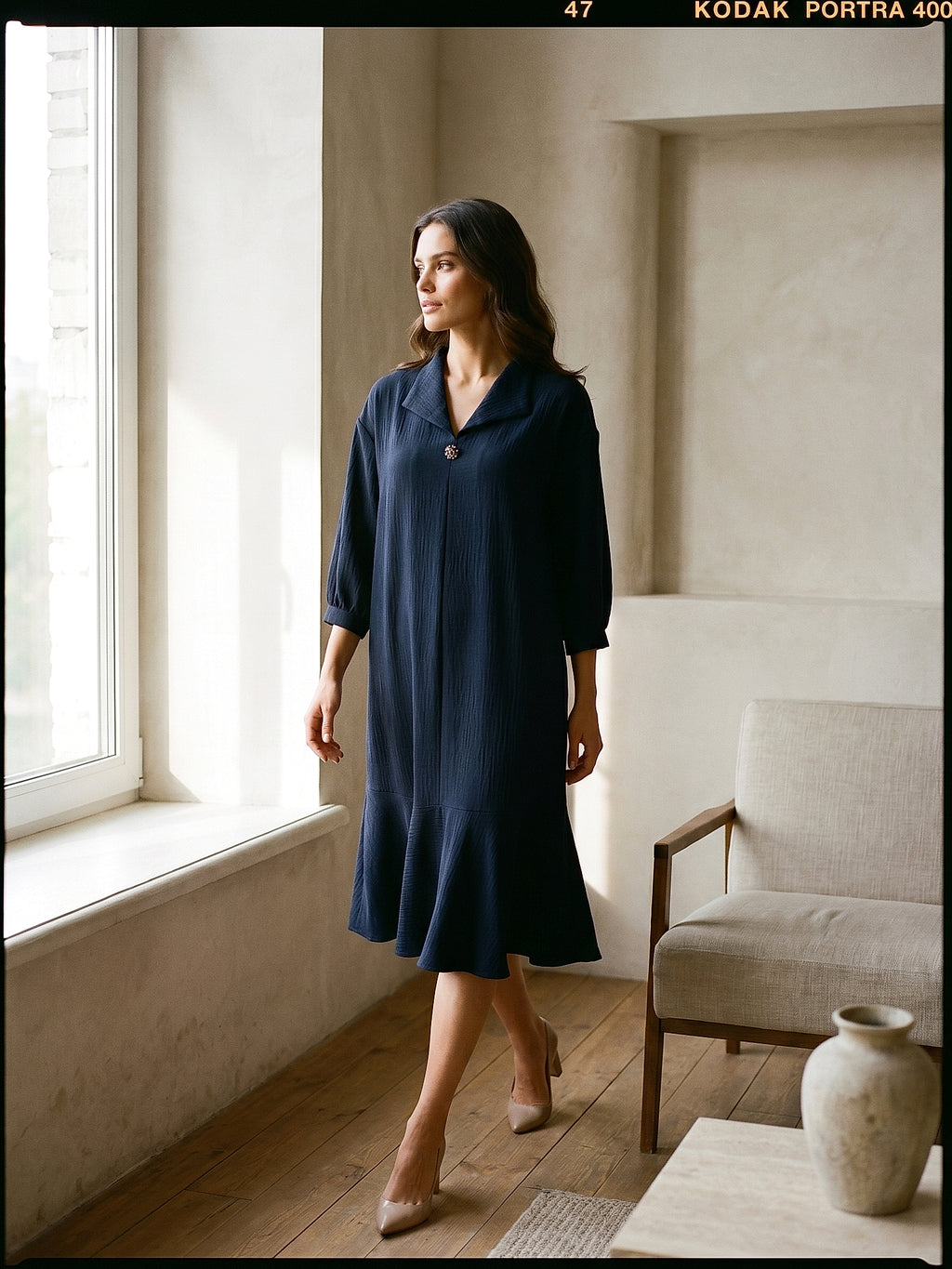 Lacivert - Farren Taş Düğme Detaylı Truvakar Kol Midi Elbise - FRN3060 - Lookbook editorial interior