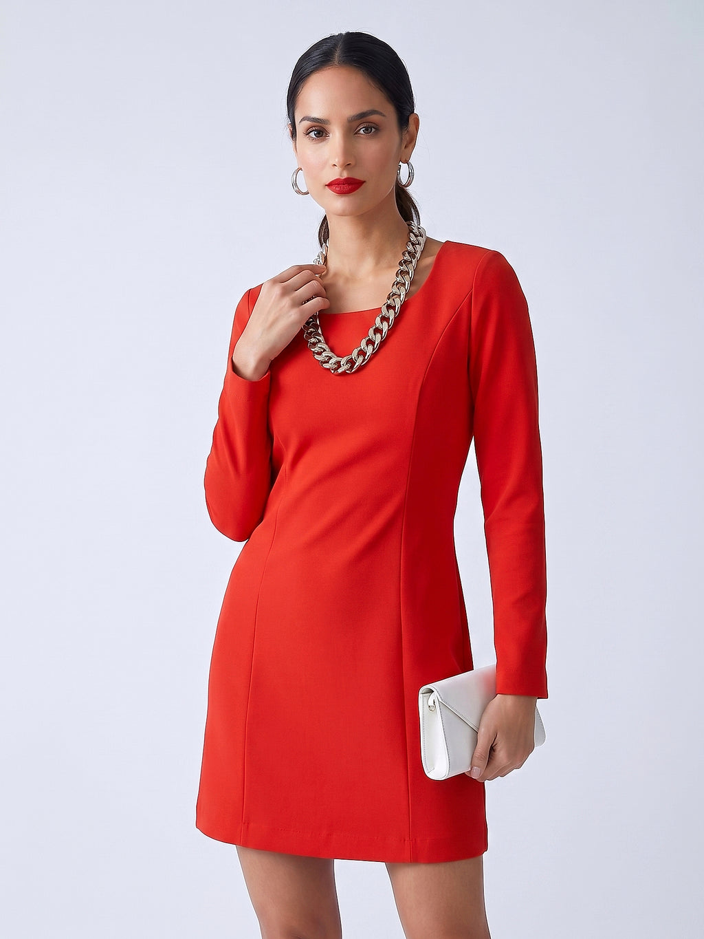 Kırmızı - Farren Uzun Kol Düz Kesim Mini Elbise - FRN3100 - Editorial waist-up detail