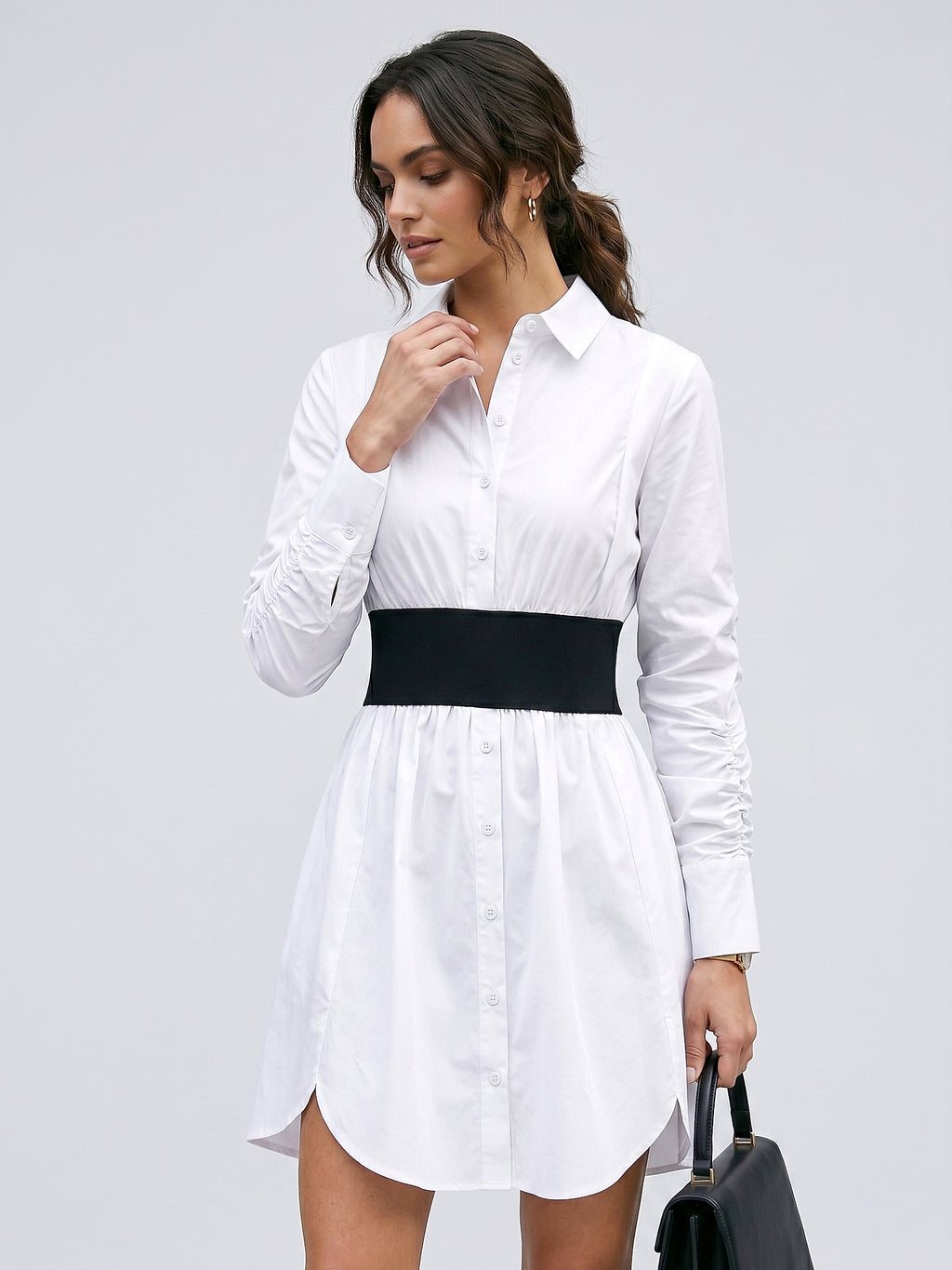 Beyaz - Farren Uzun Kol Pamuklu Diz Boyu Poplin Elbise - FRN30381 - Editorial waist-up detail
