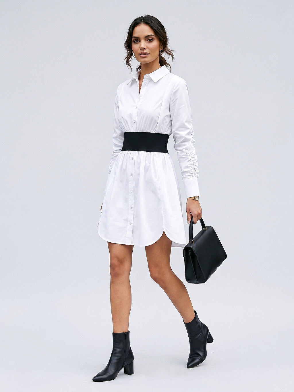 Beyaz - Farren Uzun Kol Pamuklu Diz Boyu Poplin Elbise - FRN30381 - Model on white - front