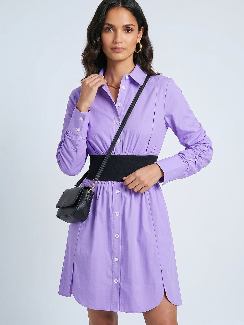 Mor - Farren Uzun Kol Pamuklu Diz Boyu Poplin Elbise - FRN30381 - Editorial waist-up detail