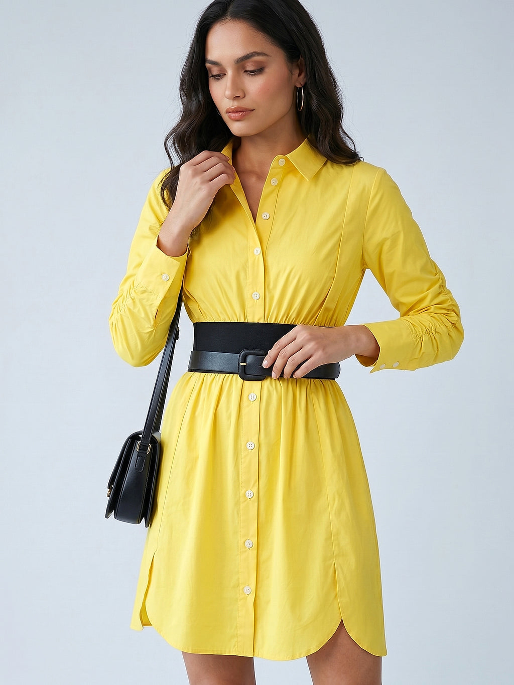 Sarı - Farren Uzun Kol Pamuklu Diz Boyu Poplin Elbise - FRN30381 - Editorial waist-up detail